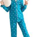 Veseacky Girls' Chrismas Satin Pajamas Set Two Piece Silk Nightwear Button-Down Sleepwear for Mom and me (Green Dots,size 8)