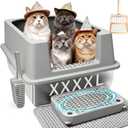 XXXL Stainless Steel Cat Litter Box 28.5" x 20" x 12.5" with High Sides, Litter Mat, Foot Pad, Removable Lid and Litter Scoop for Big, Overweight and Multiple Cats - Non-Stick & No Odor