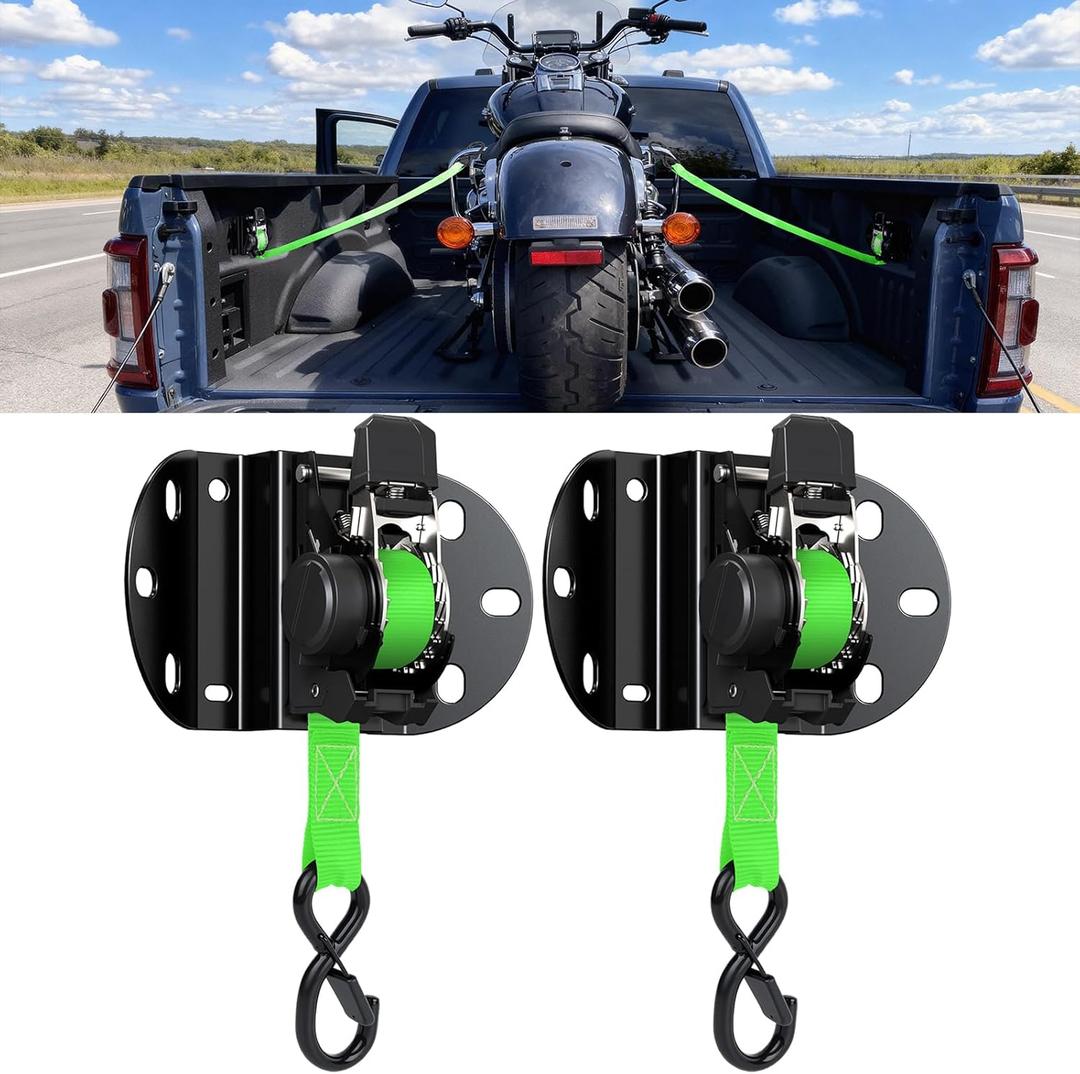 Kingfun Retractable Ratchet Straps for 2015-2026 Ford F150 Accessories, Self Retracting Tie Down Straps (2-Pack), 1,500lb Break Strength Heavy Duty Truck Bed Securing System, 1 Inch x 10 Feet, Green
