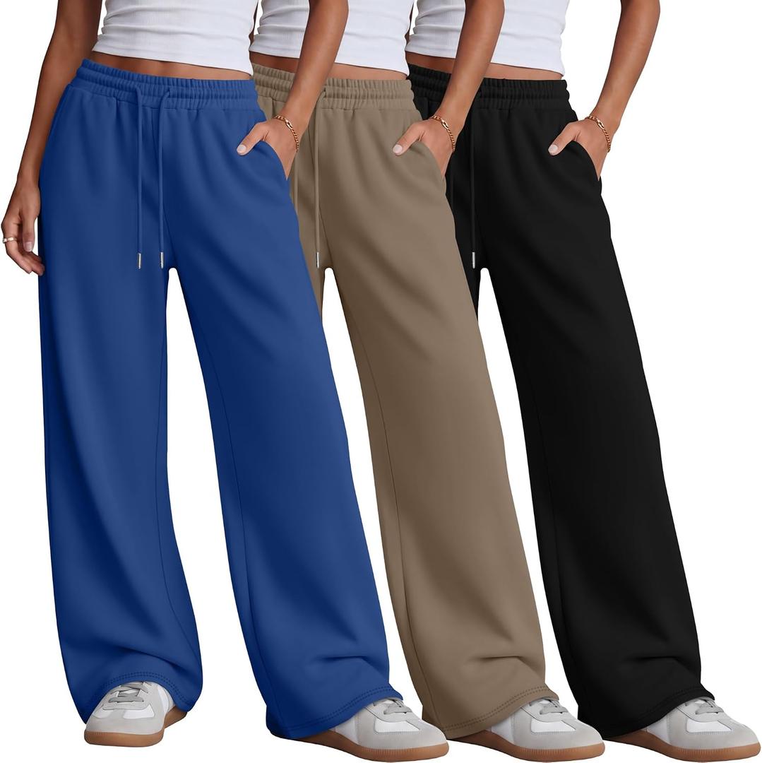 Neer 3 Pack Women's Wide Leg Sweatpants Yoga Baggy Lounge Pants Travel Cozy Workout Drawstring Loose Joggers with Pockets (L)