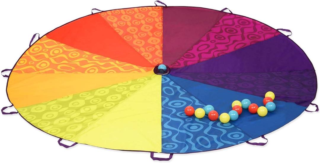 B. toys  Woo  Hue Parachute!  Sports Outdoors  Play Parachute with 15 Colorful Balls  12 Handles  8ft Wind Tent  Outdoor Games  Rainbow Colors  3+ Years
