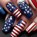 2 x Long Press on Nails Independence Day Fake Nail Red Blue Stripe Star Design False Nails Glossy National Flag Glue on Nails Summer Coffin Shape Acrylic Nails Artificial Stick on Nail for Women