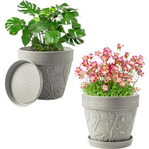 Melphoe Plant Pots Indoor with Drainage & Saucer, 2Pack 7 inch Flower Pots Outdoor Planters for Indoor Plants Garden Home Decor Cactus Succulent, Rigid Plastic (Imitation-Terracotta) Vine-Embossed (Cement Grey Color)
