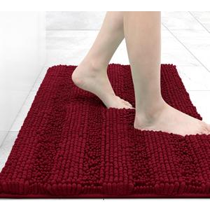 Grandaily Chenille Striped Bathroom Rugs 24x16, Extra Thick and Absorbent Bath Mats, Non-Slip Soft Plush Shaggy Shower Carpet, Machine Wash Dry, Bath Rug for Bathroom, (Small, Red)