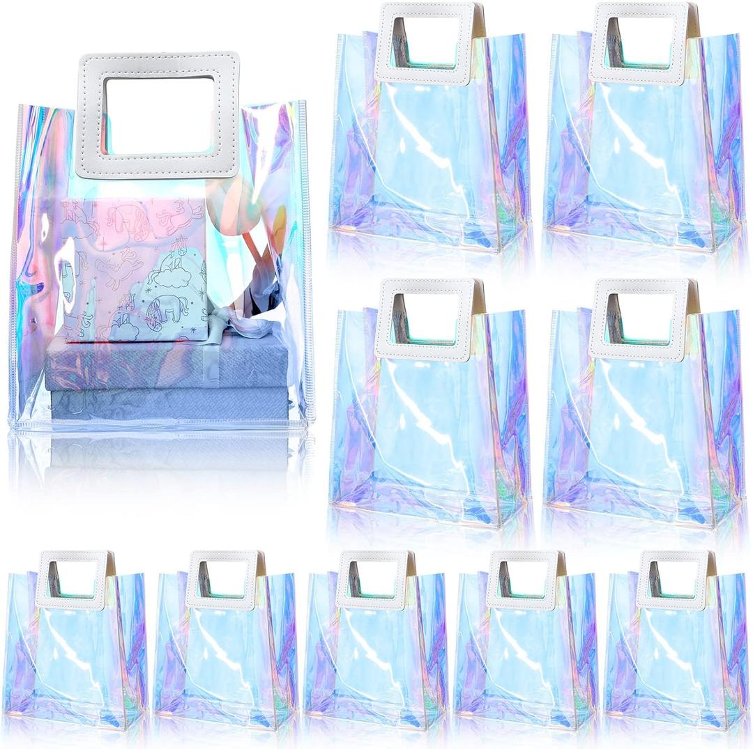 Cindeer 20 Pack Iridescent Gift Bags with Handles - Clear Holographic Tote Bag, Goodie, PVC Gift Wrap for Party, Birthday, Wedding, Baby Shower, Bridal Party Favor(7 x 4 x 8 Inch)