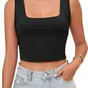 Women's Strappy Tank Square Neck Double Layer Workout Fitness Casual Basic Crop Tops (Black) L
