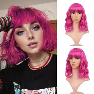 FAELBATY Short Curly Wavy Hot Pink Wigs with Air Bangs Shoulder Length Wig for Women Synthetic Halloween Cosplay Costume for Girl (12" Hot Pink)