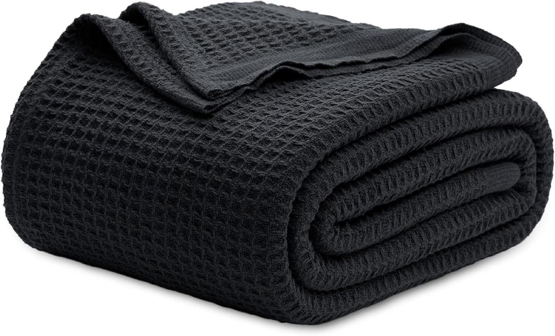 Bedsure 100% Cotton Blanket Queen Size for Bed - Breathable and Soft, Waffle Weave Blanket for Summer Spring, Black, 90x90 Inches