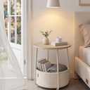 SONGMICS HOME Small Side Table, Round End Table, 2 Tier Nightstand with Basket, U Shaped Steel Legs, Easy Assembly, for Living Room, Bedroom, Beige and White
