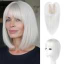 HOOJIH Hair Topper for Women with Thinning Hair 4x2.5inch Base Real Human Hair Topper with Bangs Handmade Invisiable Lace Front Topper - Silver White