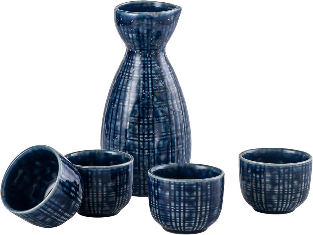 UNICASA Sake Set 5 Pieces,Traditional Sake Cups, Ceramic Cup Crafts Wine Glasses, Include One Sake Bottle 210ml and Four Sake Cups 50ml (Blue)