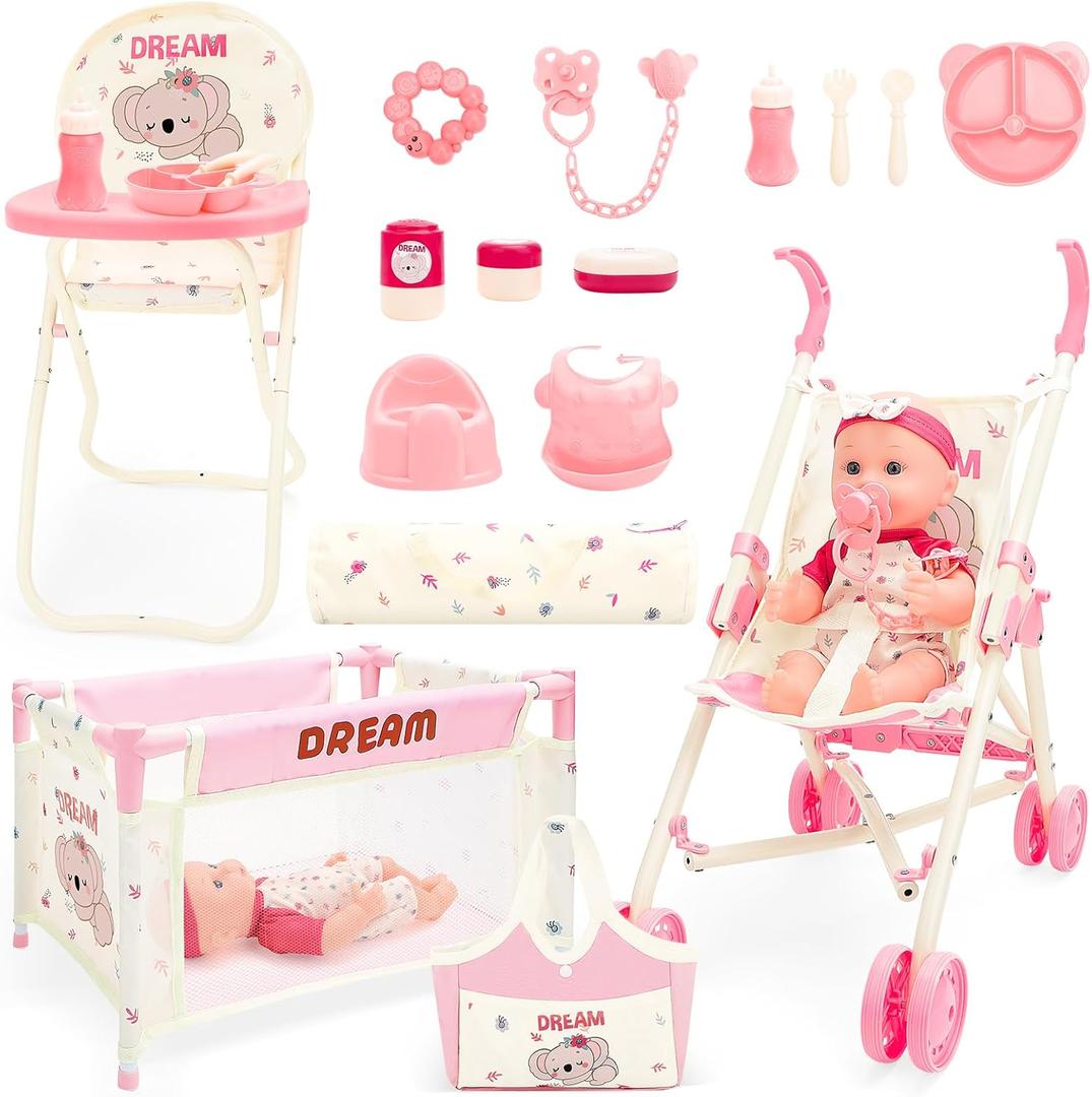deAO Baby Doll Stroller Toys with 12" Baby Doll Accessories Crib Bed High Chair Nursery Role Play Set Play Mat,Travel Cot,Bouncer,Foldable Stroller,Travel Bag, Birthday Gifts for Toddlers Girls Boys