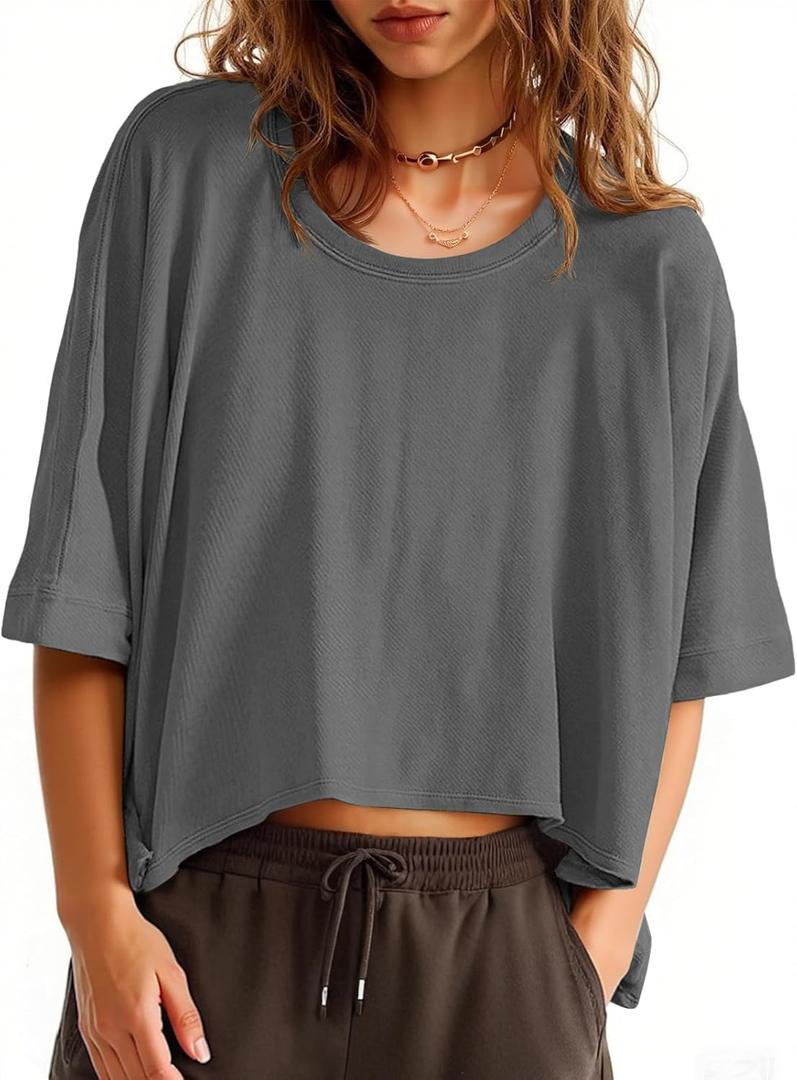 Tankaneo Womens Oversized T-Shirts Cropped Summer Casual Short Sleeve Loose Fit Tee Tops (X-Large, Dark Grey)