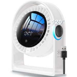 RANVOO 2026 New Desk Fan, Quiet Air Circulator Mini Fan for Bedroom, 4 Speeds Strong Airflow Portable Fan, Smart Display USB Fans,120°Tilt, Small Desktop Table Fans For Office Room, Ivory White