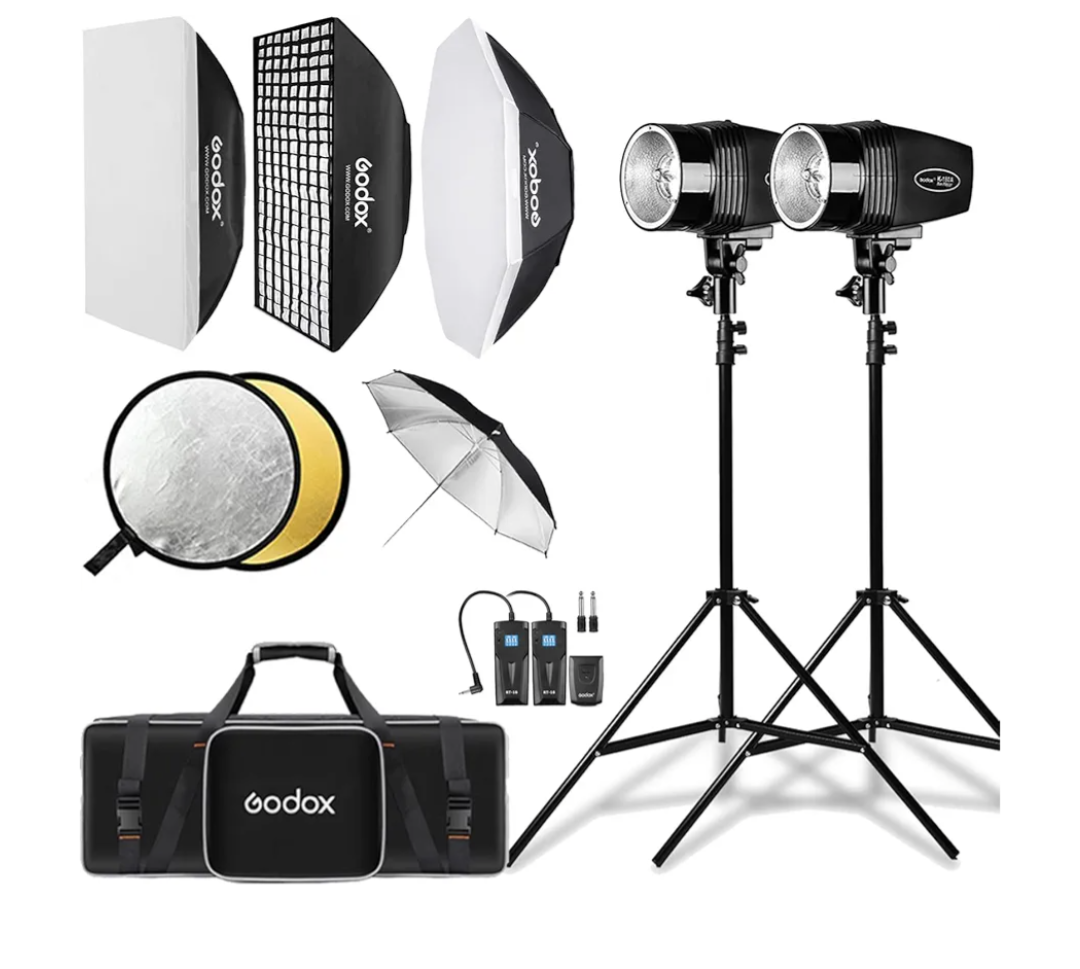 Godox Studio Flash Light Kit for Photography, Strobe Softbox Lighting Kit, 2x180W Daylight Compact Monolight with Flash Trigger, Softbox, Light Stands, Reflector Storage Bag, Umbrella, AC 110V Powered