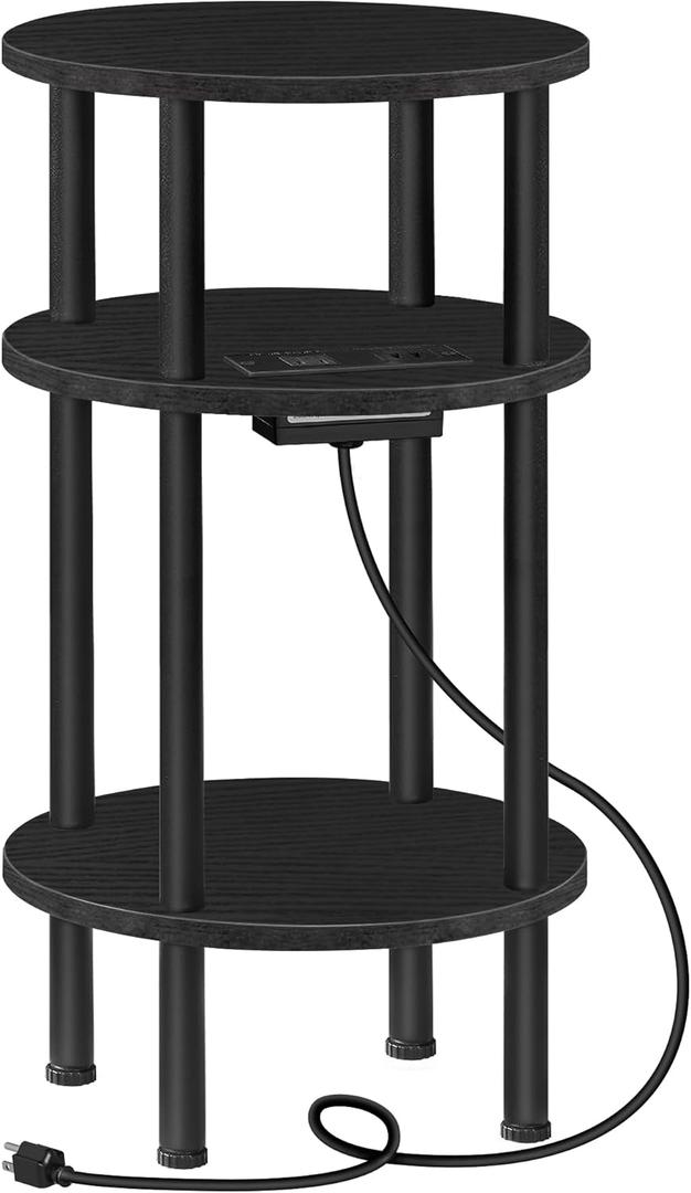 Small Round Side Table with Charging Station, 3-Tier Round End Table for Small Spaces, Nightstand for Living Room, Bedroom, Black TBZ06UBB