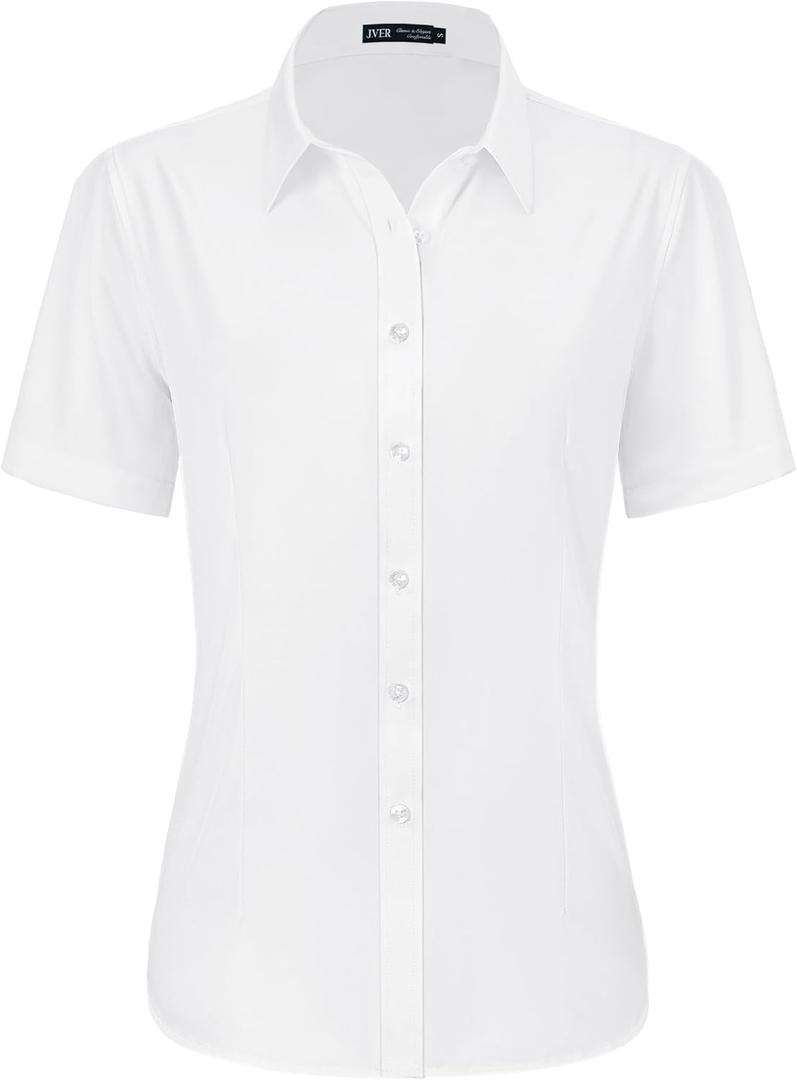 J.VER Womens Button Down Shirts Stretch Wrinkle Free Formal Short Sleeve Dress Shirt Summer Work Blouses Business Casual Tops (Large, White)