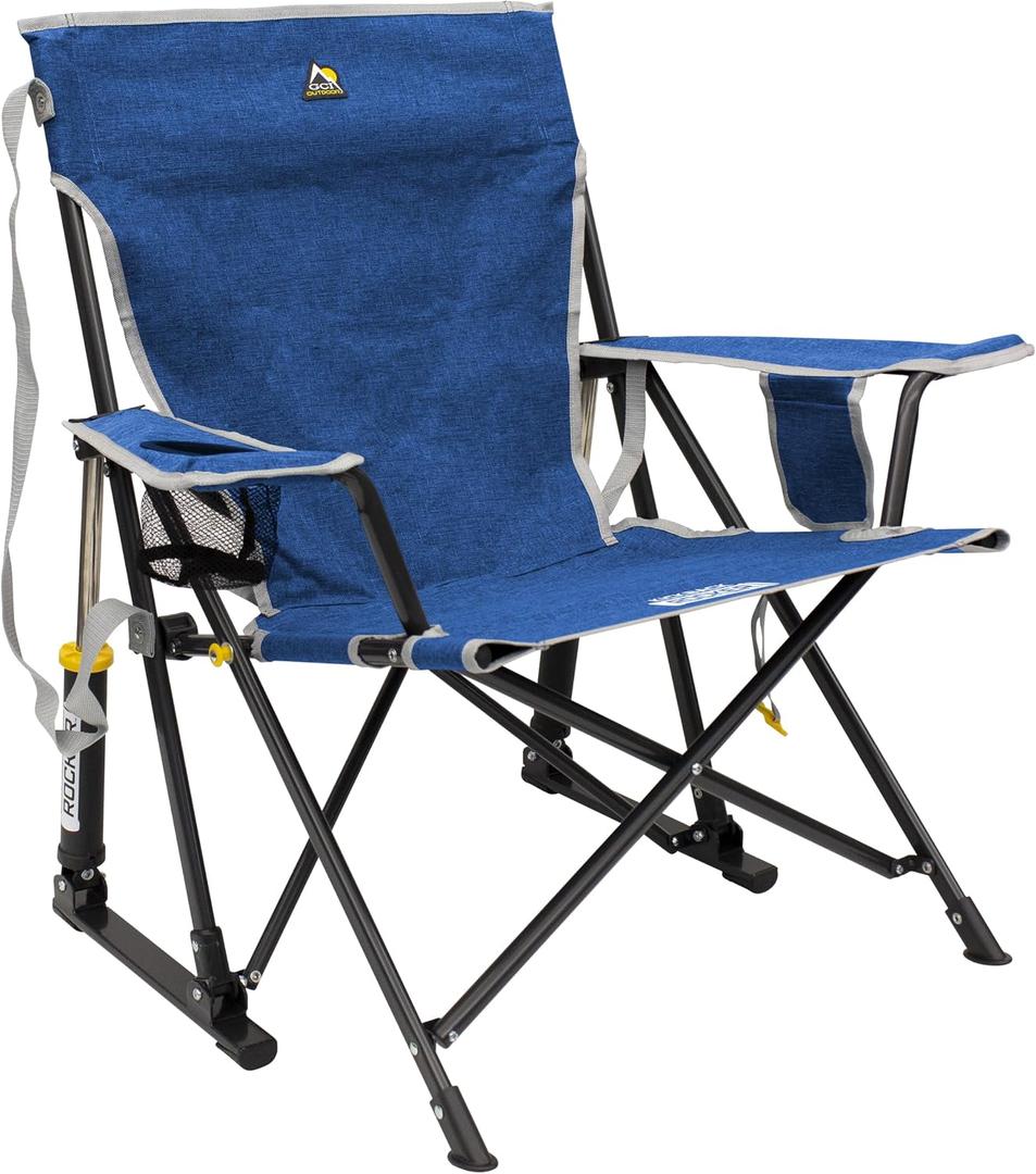 GCI Outdoor Kickback Rocker Camping Chair | Portable Folding Rocking Chair with Durable Armrests, Drink Holder & Relaxed Lowered Seat for Comfort Heathered Royal