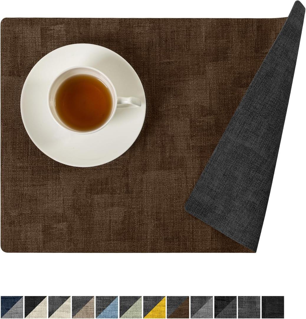 Romanstile Reversible Vinyl Placemats Set of 6, Faux Leather 100% Waterproof Oil-Proof Wipeable Place Mats, Heat Resistant Dual Sided Table Mats for Kitchen/Dining/Party (Grey Brown, 12 x 17 Inch)