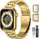 Lerobo Compatible for Apple Watch Band Ultra 49mm 44mm 45mm 46mm 42mm 38mm 40mm 41mm, Solid Stainless Steel Metal Band with 2 Pack Protective Case for iWtach Series 10 9 8 7 6 5 4 3 2 1 SE Men Women (Gold)(38mm)