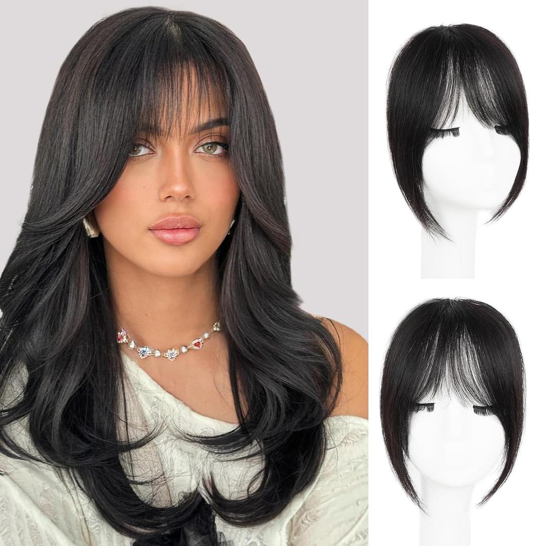 Clip in Bangs, 100% Real Human Hair Fake Bangs Natural Black Clip in Hair Extensions French Bangs Fringe with Temples Hairpieces for Women Natural Blend Curtain Bangs for Daily Wear