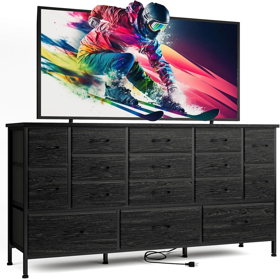 Fixwal 63.3 Inch TV Stand for 65 55 Inch TV Long Black Dresser for Bedroom, 16 Drawer Dresser with Power Outlets, Fabric Chest of Drawers for Bedroom, Entryway, Black