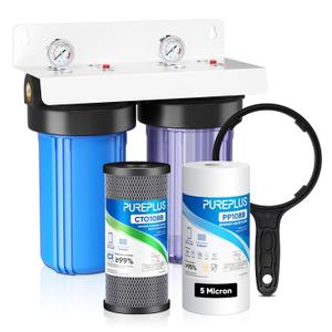 PUREPLUS 5 Micron 2-Stage Whole House Water Filter System for Municipal Water, 10"x4.5" Universal Clear Housing with Pressure Gauges, 1" NPT NSF/ANSI 42 Certified Filters, Chlorine & Odor Removal