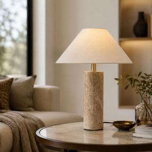 18.11" Mid Century Marble Table Lamp with Beige Linen Shade