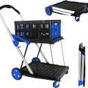 OSWIN Folding Trolley with Wheels, Double Layer Portable Trolley Shopping Carts, Foldable Rolling Crate Utility Cart with Collapsible Bin, Hand Truck and Office Outdoor Storage of Debris Easy to Brake