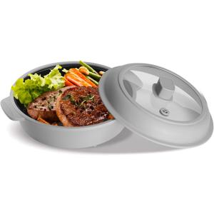 GLOU-GLOU GOOSE GGG Microwave Grill Pan, Fry Griddle Crisper Pan with Lid for Grilling Browning and Crisping Foods Microwave Silicone Cookware for Meat Sandwich Vegetable Light Grey