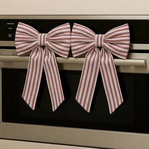 Hungdao 2 Pcs Christmas Kitchen Towels Bows Decor Christmas Decorative Dish Hand Towels Red and White Stripes Cabinet Bows for Xmas Bathroom and Kitchen Decor