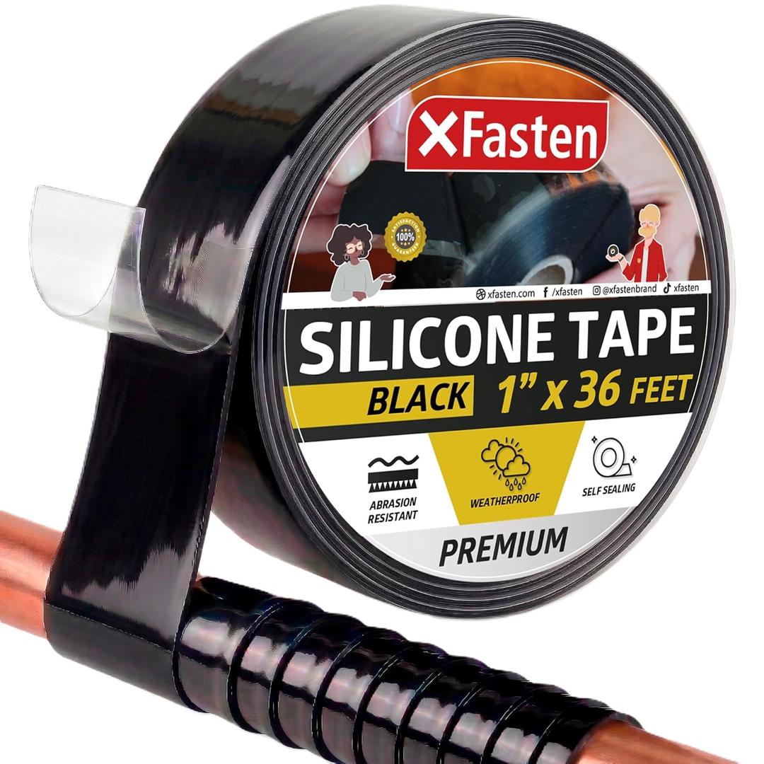 XFasten Self Fusing Silicone Tape Waterproof 1" x 36 Feet Black, Self Amalgamating Tape, Silicone Rubber for Plumbing, Sealing Pipes, Hose Repair, Outdoor Coax and Electrical Cables Weatherproof