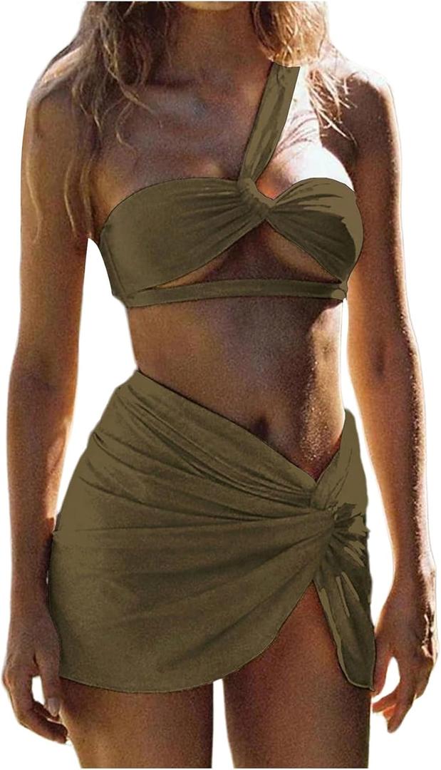 SHENHE Women's 3 Piece Swimsuit One Shoulder Ruched Cut Out Bikini Set with Cover Up Skirt (Army Green) S