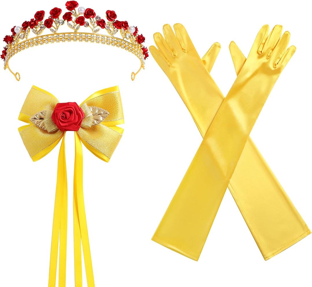 3 Pcs Princess Rose Crown Tiara Hair Bow Yellow Gloves Women Dress Up Party Costume Accessories