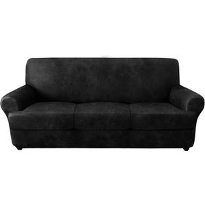molasofa Leather Look T-Cushion Sofa Slipcovers with 3 Individual Shape Seat Covers for Home Dcor, 4 Pieces - Stretchable, Washable, Non-Pilling, Non-Slip Sofa Slipcover (Sofa, 02 Black)