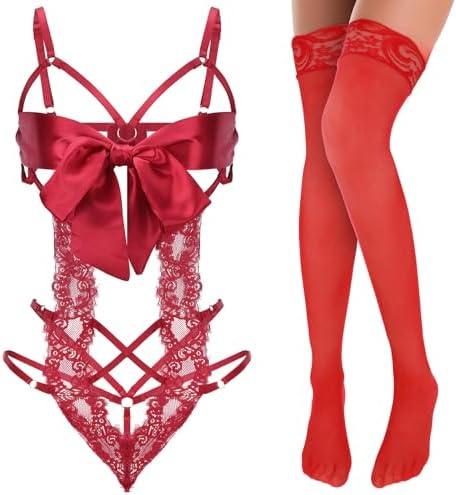 Telooco Women Sexy Lingerie Set Unwrap Me Bow Tie Lingerie with Lace Stockings Smooth Ribbon Lingerie for Valentines Outfit (Red), 15D M-XXL