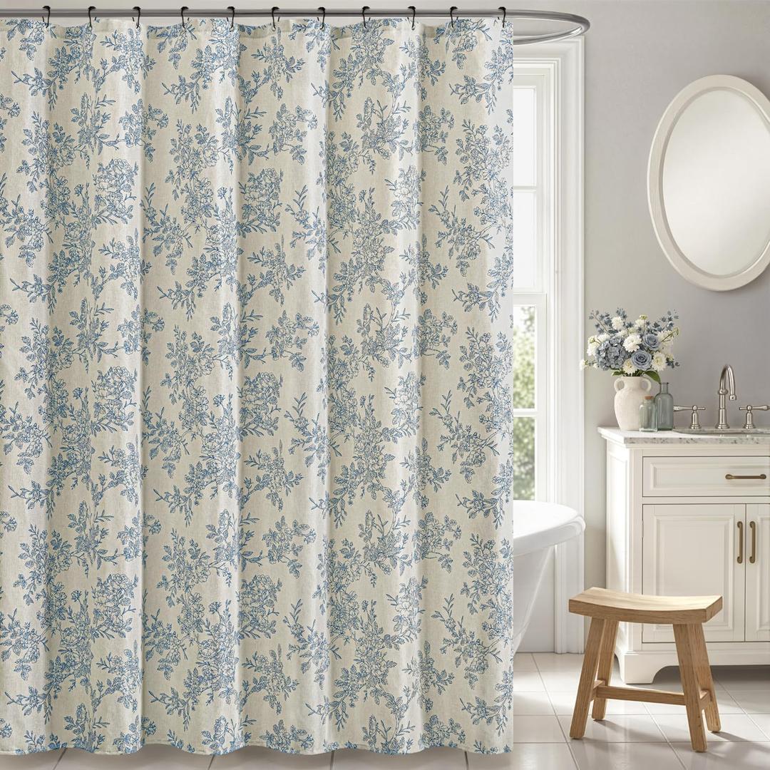 Linen Blue Floral Toile Shower Curtain, Linen Textured Fabric with 12 Rustproof Metal Hooks, Wrinkle Resistant Cloth Machine Washable Bathroom Decor for Cottage Core Style, W72* L72