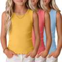 YooAurvox 3 Pack Girls Tank Tops Sleeveless Shirt Crew Neck Lettuce Trim Undershirt Summer Casual Basic Tops for Kids 5-14(13-14 Years,Light Blue, Sunset Red, Yellow)