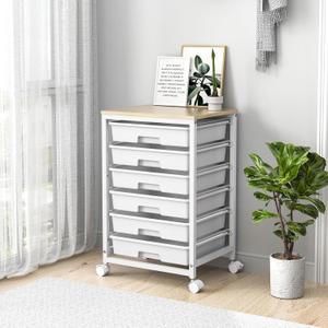 Rolling Cart with Drawers,Utility Cart with 6 Drawers,Rolling Storage Cart with Drawers and Wooden Tabletop & Lockable Wheel,White