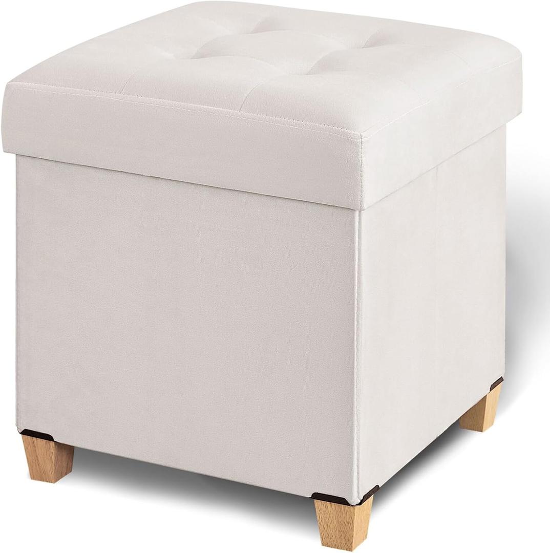 17.7" Ottoman with Storage, Square Storage Ottoman for Dorm, Velvet Ottomans with Legs for Living Room, Bedroom, White (17.7" x 17.7" x 19.9")