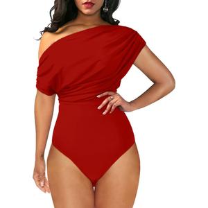 YMDUCH Women's Sexy Off Shoulder Sleeveless Bodycon One Piece Bodysuit Top (Medium, Red)