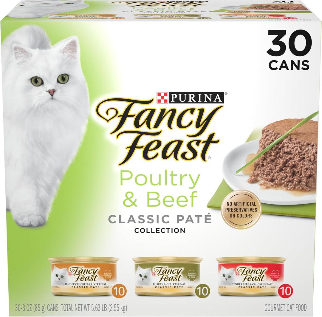 Fancy Feast Poultry and Beef Feast Classic Pate Collection Grain Free Wet Cat Food Variety Pack - (Pack of 30) 3 oz. Cans, Best By: 05/2027