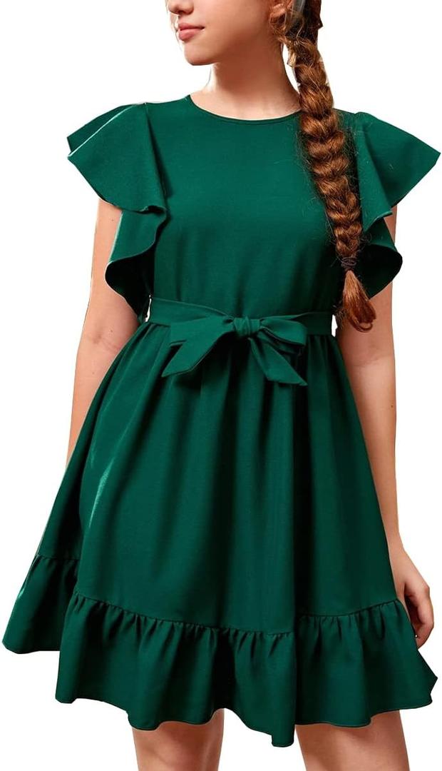 RETSUGO Girl Spring Summer Dresses Butterfly Sleeve Cotton A Line Ruffles School Dress for 6-14 Years Kids