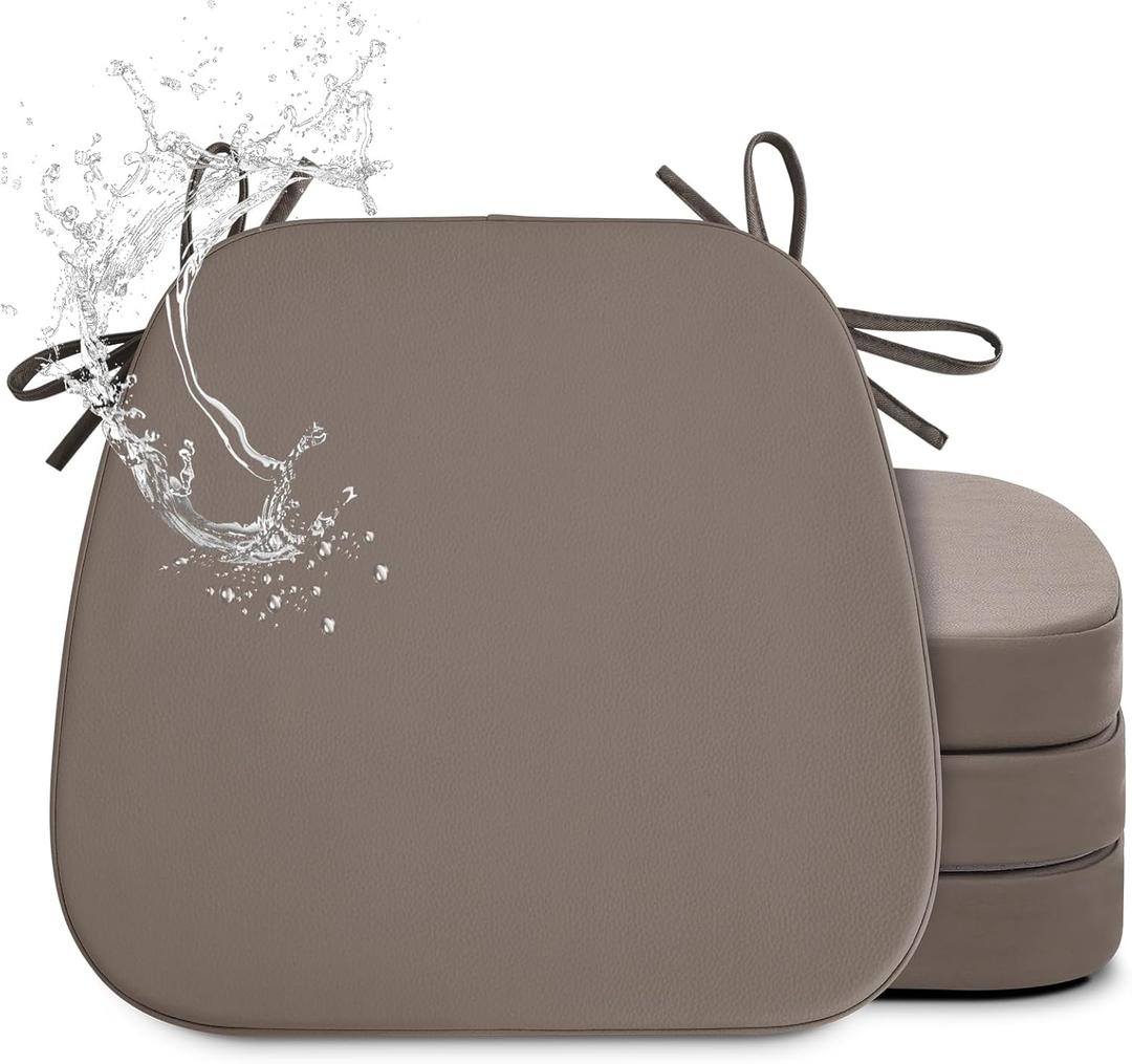 Shinnwa Dining Chair Cushions Set of 4, Faux Leather Kitchen Chair Cushions with Waterproof Cover and NonSlip Bottom, 4 Pack, 17x16x2in, Brown