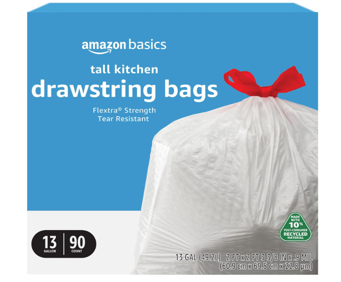 Basics 13 Gallon Tall Kitchen Drawstring Trash Bags, Flextra Strength, Tear Resistant, Puncture Resistant, 10% Post Consumer Recycled, 90 Count, White