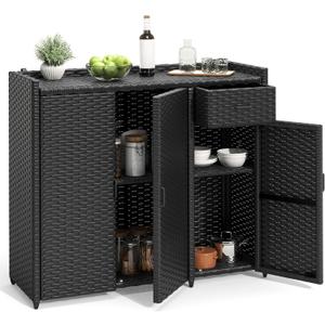 YITAHOME Outdoor Storage Cabinet, Weather-proof Rattan Bar Table with Two Doors, Adjustable Shelves & Foldable Drawer, Wicker Patio Storage Box for Outdoor Cushions, Pool Tool and Garden Tools - Black