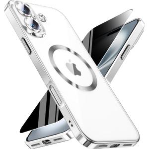 Magnetic for iPhone 16 Case with Privacy Screen Protector & Full Camera Cover,[Non-Yellowing] Plating Glossy Soft Shockproof Clear Phone Case with MagSafe Women Girls for iPhone16 6.3,Sliver