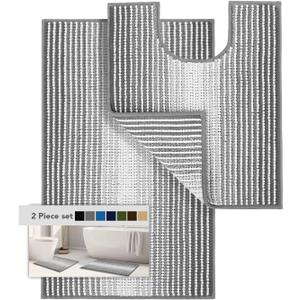 Bathroom Rugs Sets 2 Piece, Toilet Rugs U-Shaped, Contour Bath Mat Set for Toilet Bathroom, Soft Absorbent Chenille Bath Carpet, Quickly Dry, Washable (Gray, 32" x 20" + 24" x 20") (Grey)