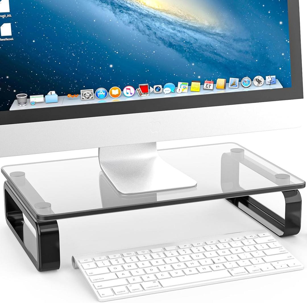 Hemudu Computer Monitor Stand Riser Multi Media Desktop Stand for Flat Screen LCD LED TV, Laptop/Notebook, with Tempered Glass and Metal Legs, Black HD02B-001U 
