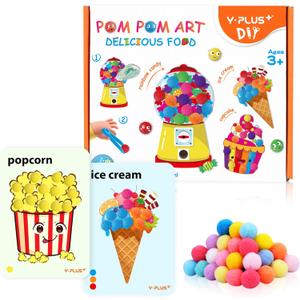 YPLUS Pompoms Art Crafts Kits, Toddler DIY Sensory Montessori Activities Box for Kids Ages 3+, Finger Motor Art Supplies - Theme Food